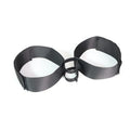 Black knitted sex toy strap for women showing adjustable appliance accessory design