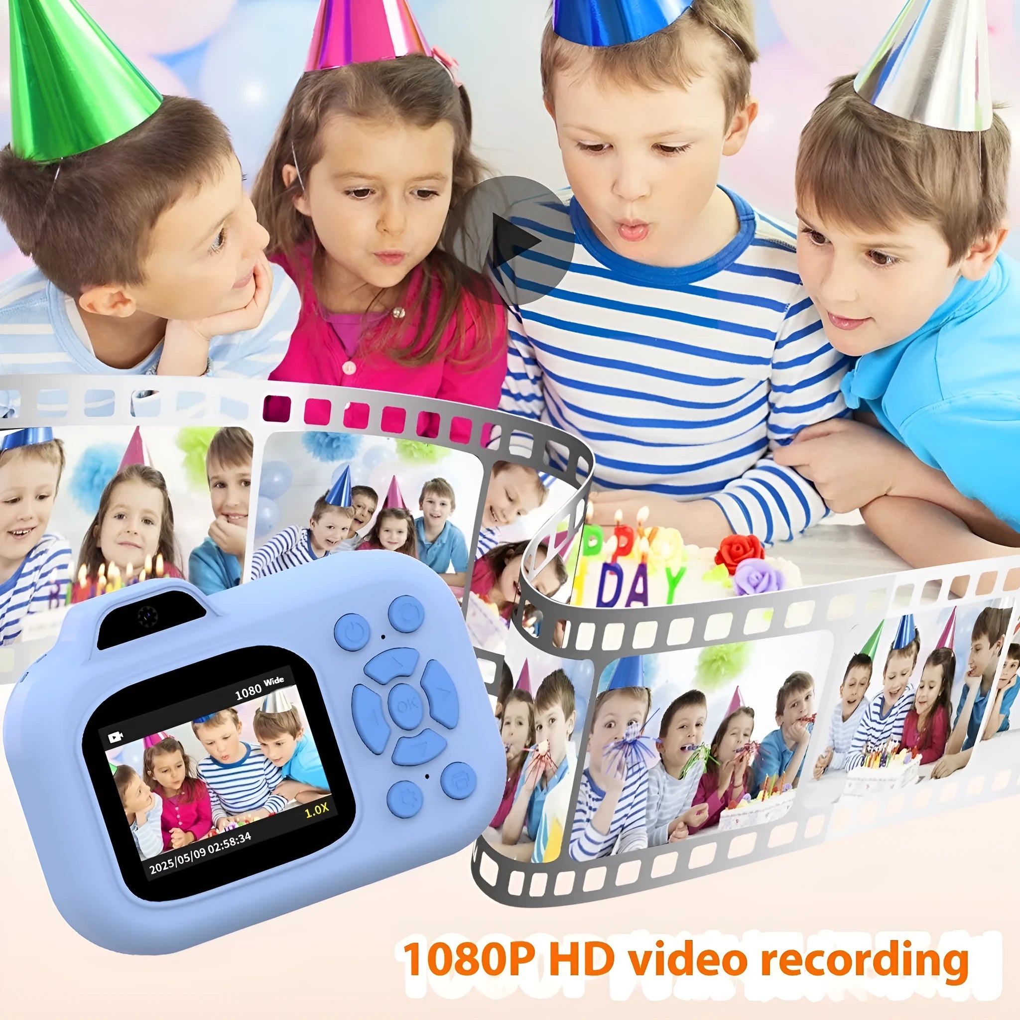 Children's digital camera in pink, blue or purple with video recording and game functions