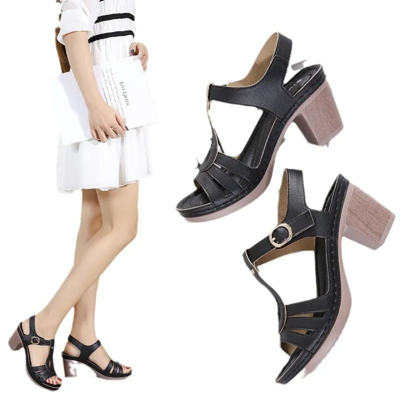 Women's apricot patent leather high heel sandals with a metal buckle and thick heel.