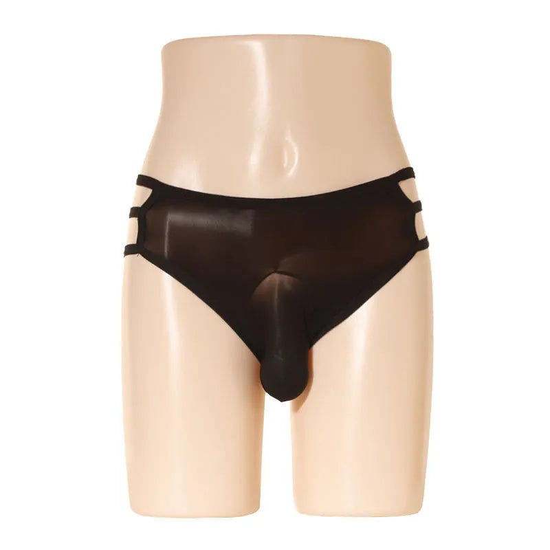 Men's transparent nylon elephant nose shorts in various colours on a free size mannequin.