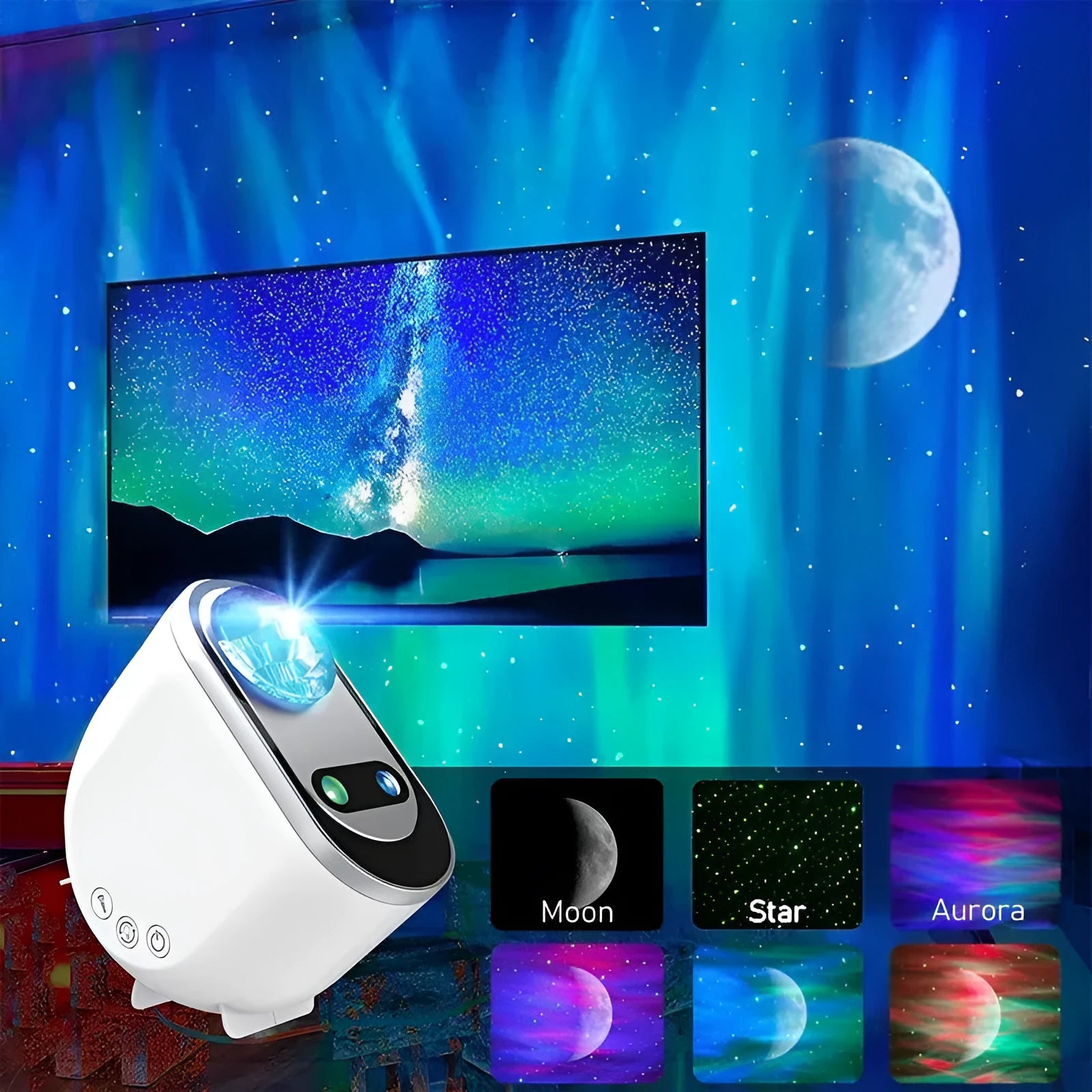 White ABS star projector lamp showing aurora borealis and star projection on a dark ceiling with remote control