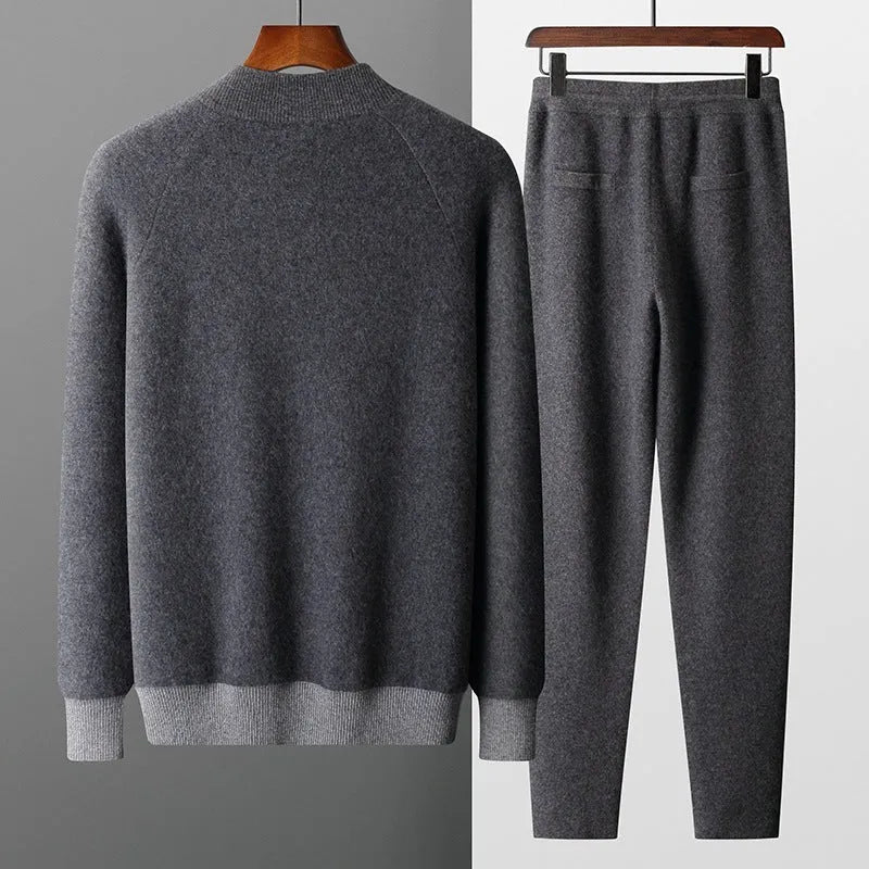 Men's navy blue cashmere wool blend half turtleneck zipper cardigan with matching trousers