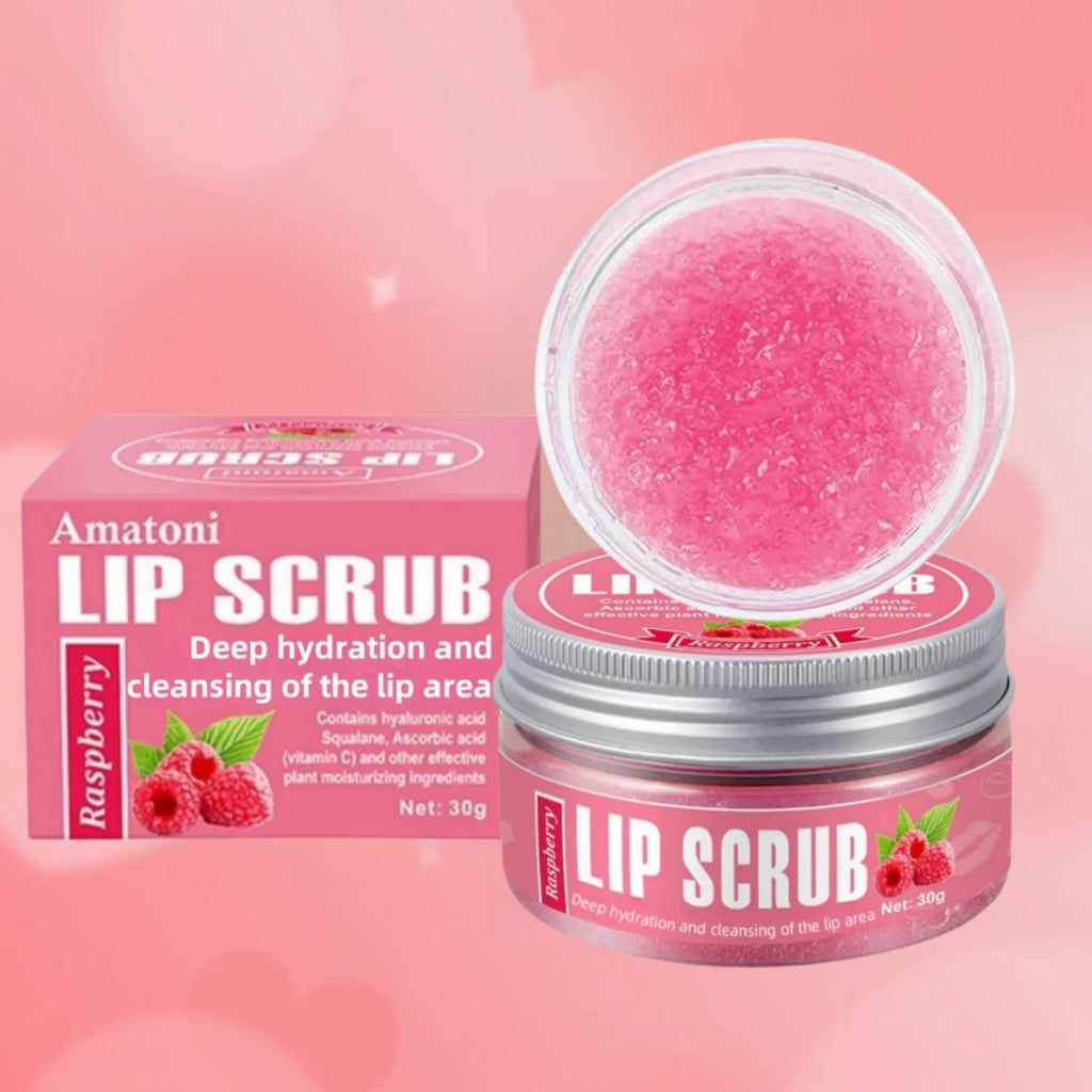 30g Amatoni lip scrub cream container in coconut, raspberry, vanilla, or watermelon flavour