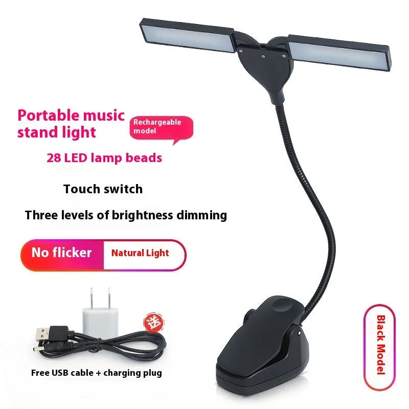 Rechargeable black music stand lamp with 28 LEDs and adjustable neck
