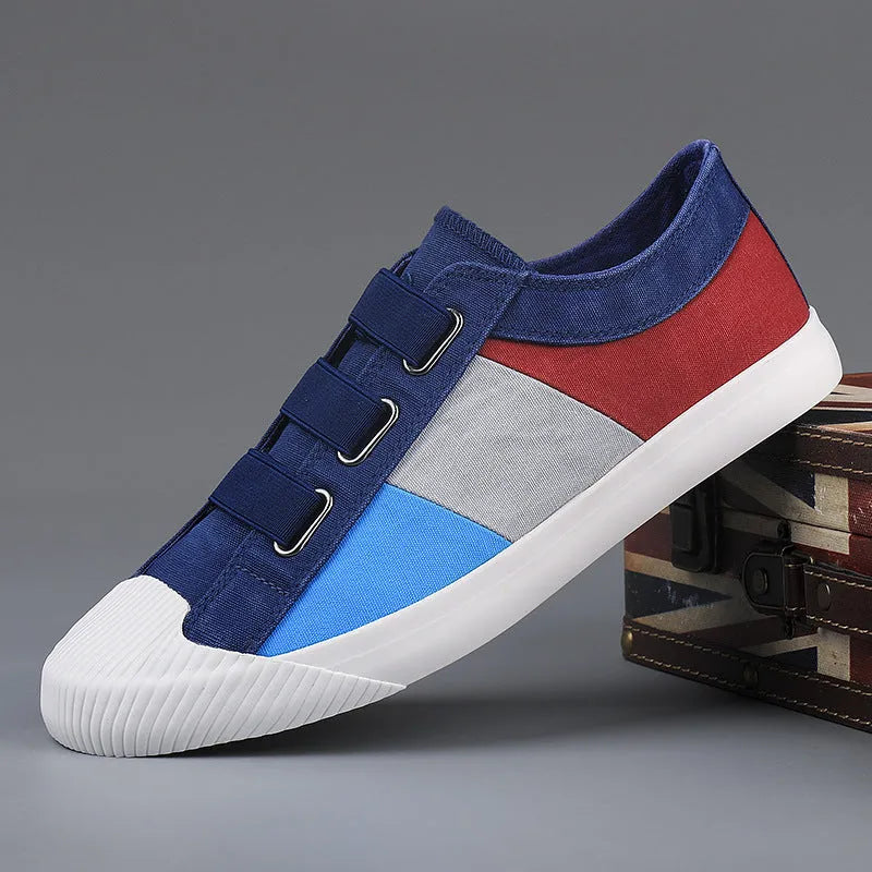 Men's low-top canvas sneakers with elastic band and vulcanised rubber sole in beige colour