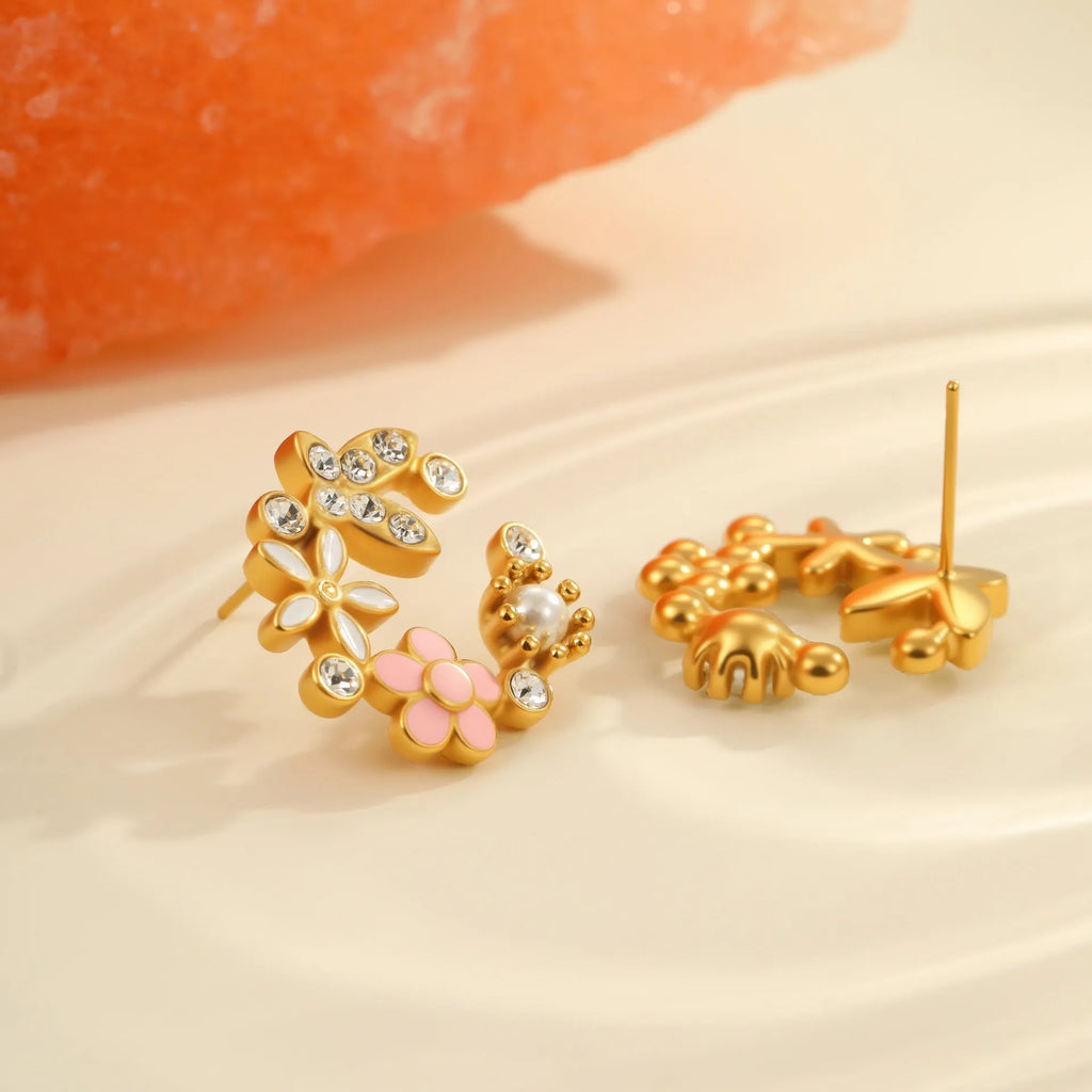 Flower stud earrings with petal design in gold electroplated finish on stainless steel