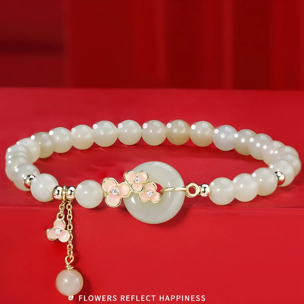 Peach blossom Hetian jade bracelet sterling silver flower shape 6mm inlaid stone
