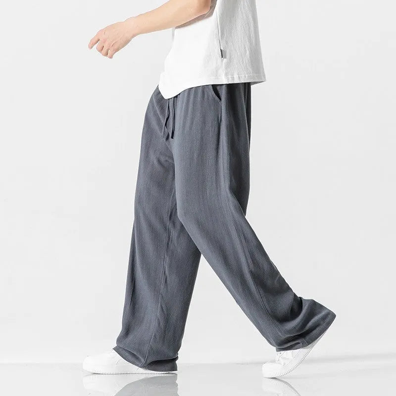 Men's bamboo linen straight-leg trousers in cropped length with drawstring waist