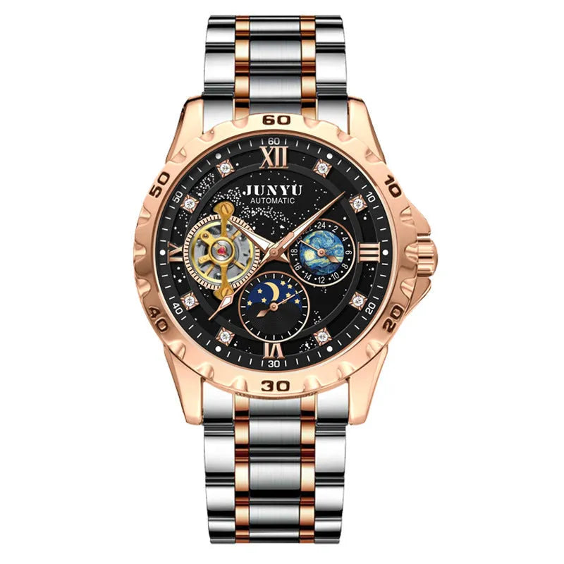 Men's automatic mechanical watch with 12mm waterproof case in gold, rose gold, and silver colour options