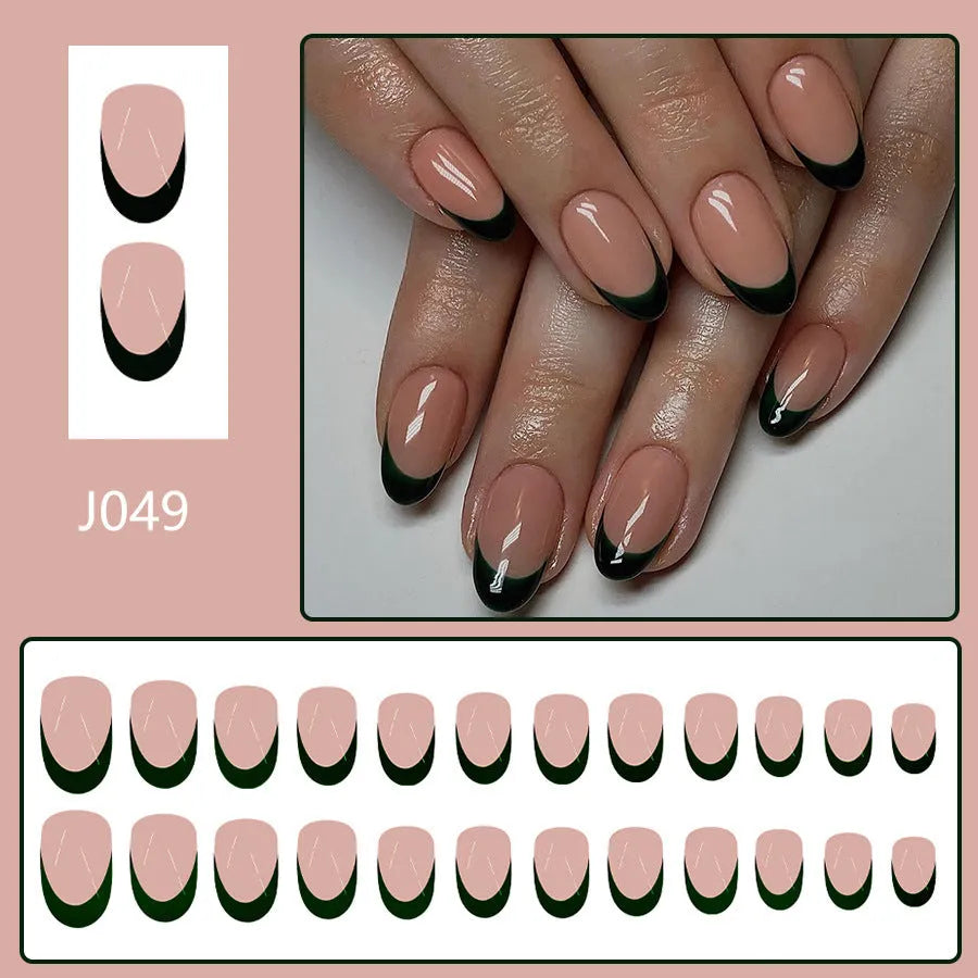 24 black French manicure press-on nails in short almond style arranged as complete set