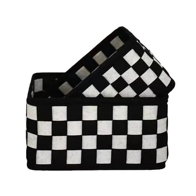 Checkerboard woven felt folding storage basket measuring 37x29x19.5cm