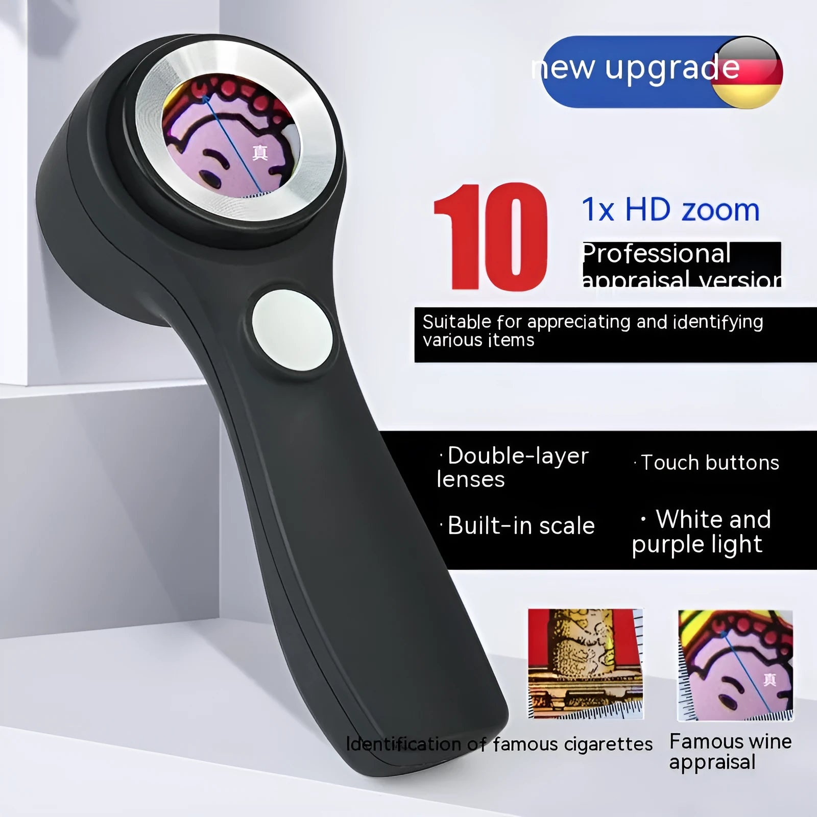 Black and silver metal jewellery appraisal magnifying glass with optical glass lens and USB-C cable.