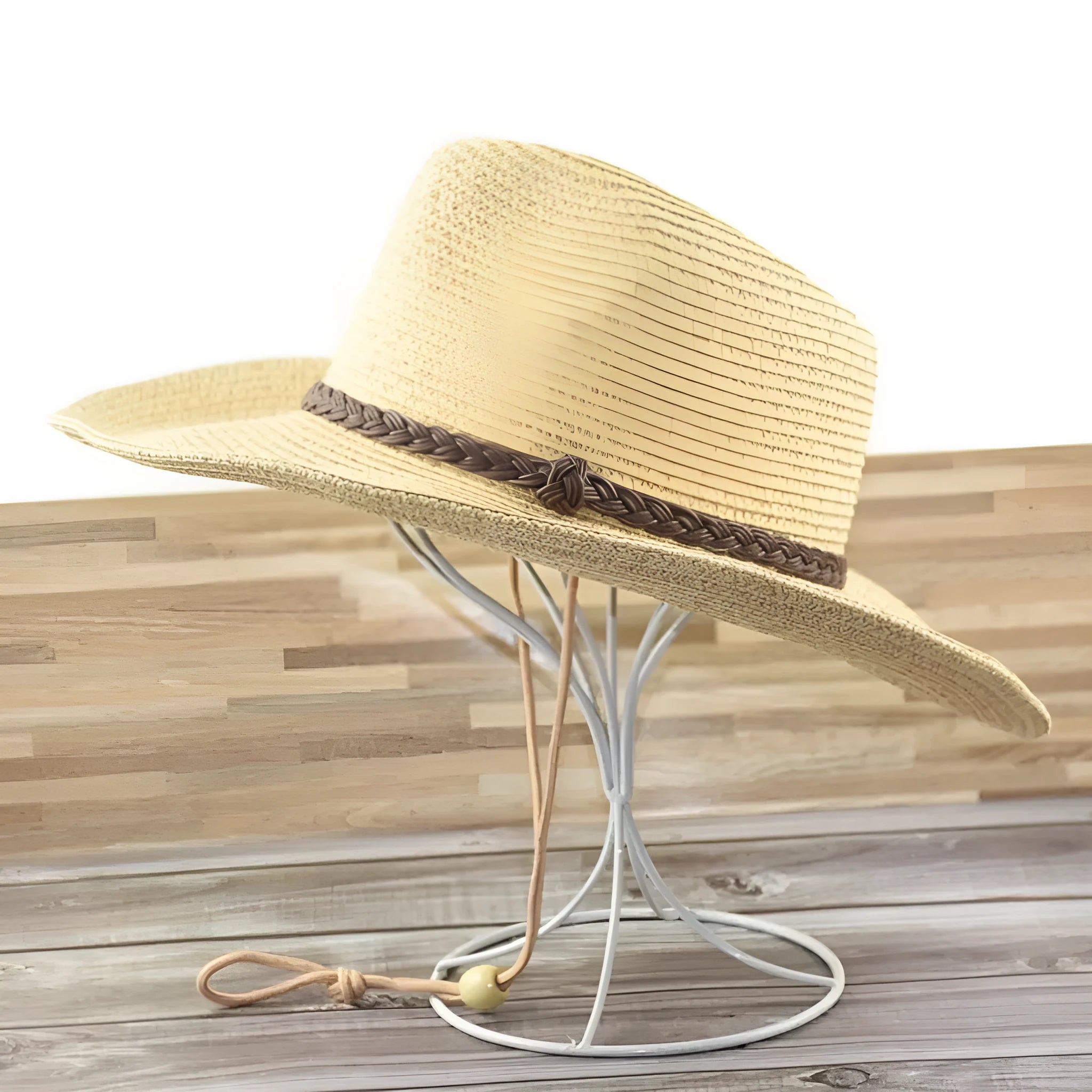 Men's foldable wide-brim straw sun hat in beige on a neutral background