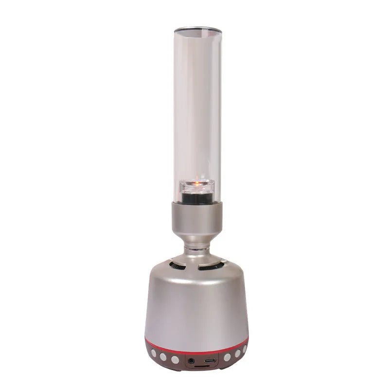 White silver candlelight Bluetooth speaker night light with modern design showing dimensions 90x277mm