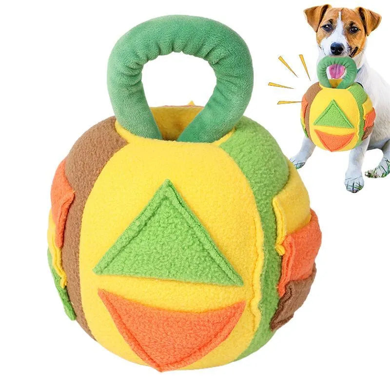 Pink or green plush squeaky ball dog toy with treat pockets measuring 12x12x18cm