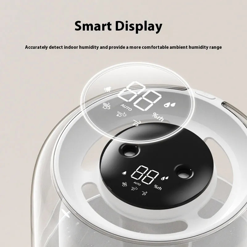 Beige plastic USB humidifier with dual spray nozzles, humidity display, and night light