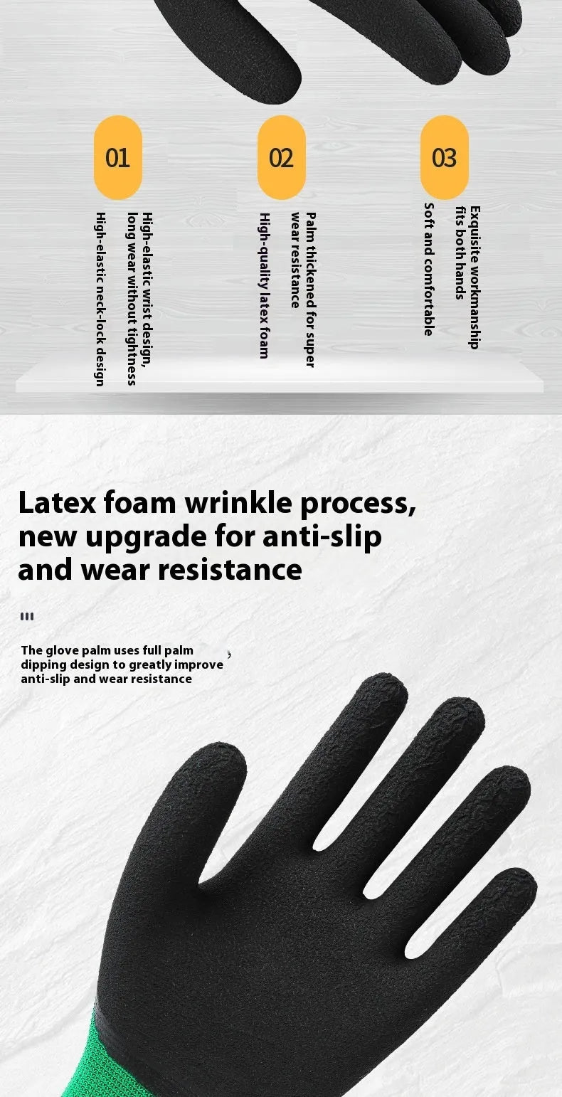 Black and green medium-sized rubber work gloves with visible stitching, shown on a workbench.