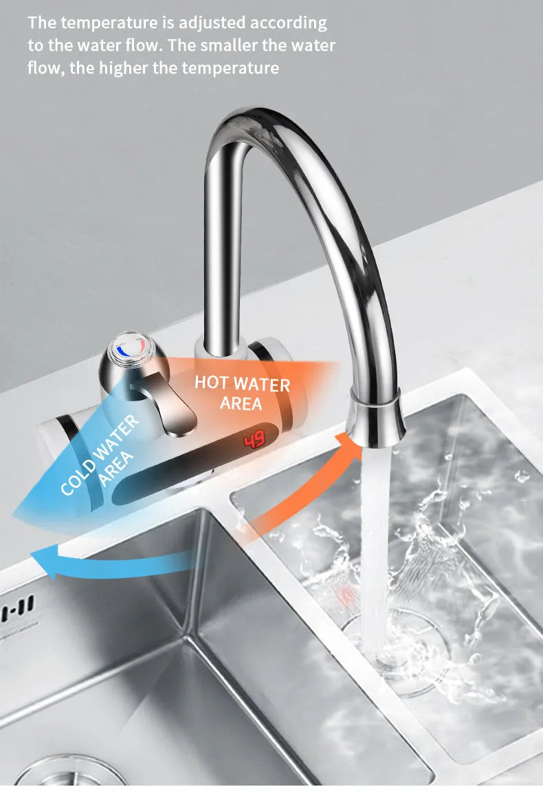 White electric water heater tap with digital temperature display for kitchen sink installation