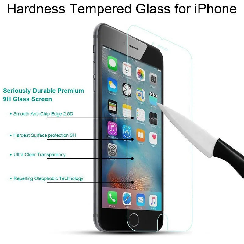 Transparent tempered glass screen protector for iPhone on a white background