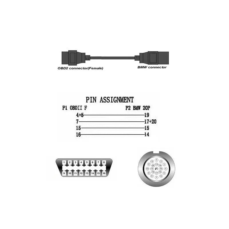 BMW OBD2 diagnostic adapter cable showing 20-pin male and 16-pin female connectors