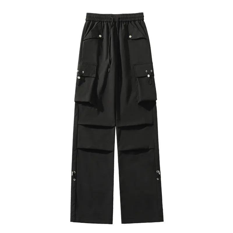 Men's plus size waterproof trousers in black, showing straight-leg fit and drawstring waist