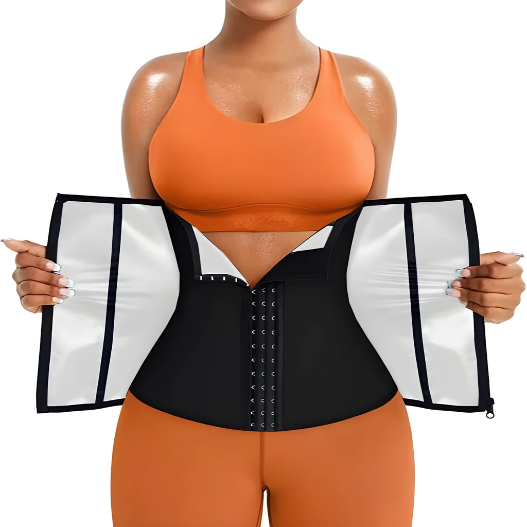 Sports waist shaping belly belt in blue or silver made from composite fabric neoprene with adjustable abdomen contraction