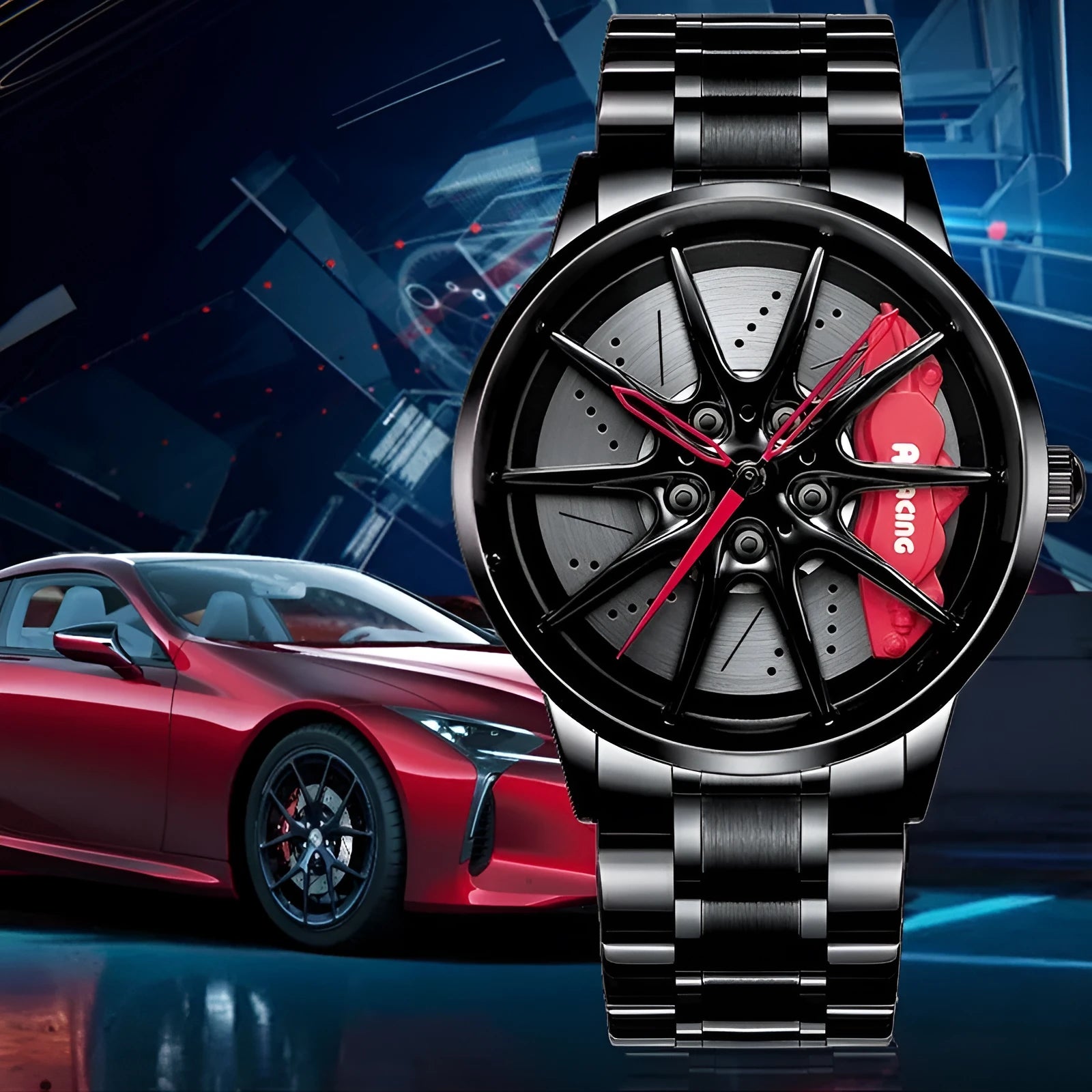 Svj Watch RAYS-G25 skeleton watch with steel case and black belt, showing mineral glass mirror and butterfly buckle