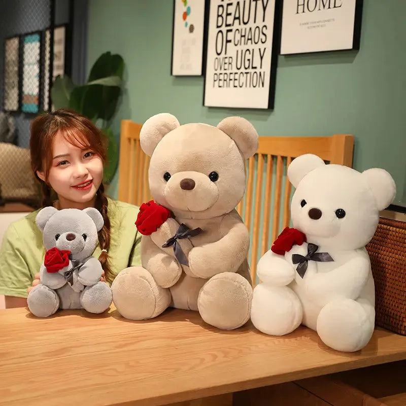 Rose teddy bear plush pillow stuffed animal doll in beige, brown or grey colours, shown in 23cm to 45cm sizes.