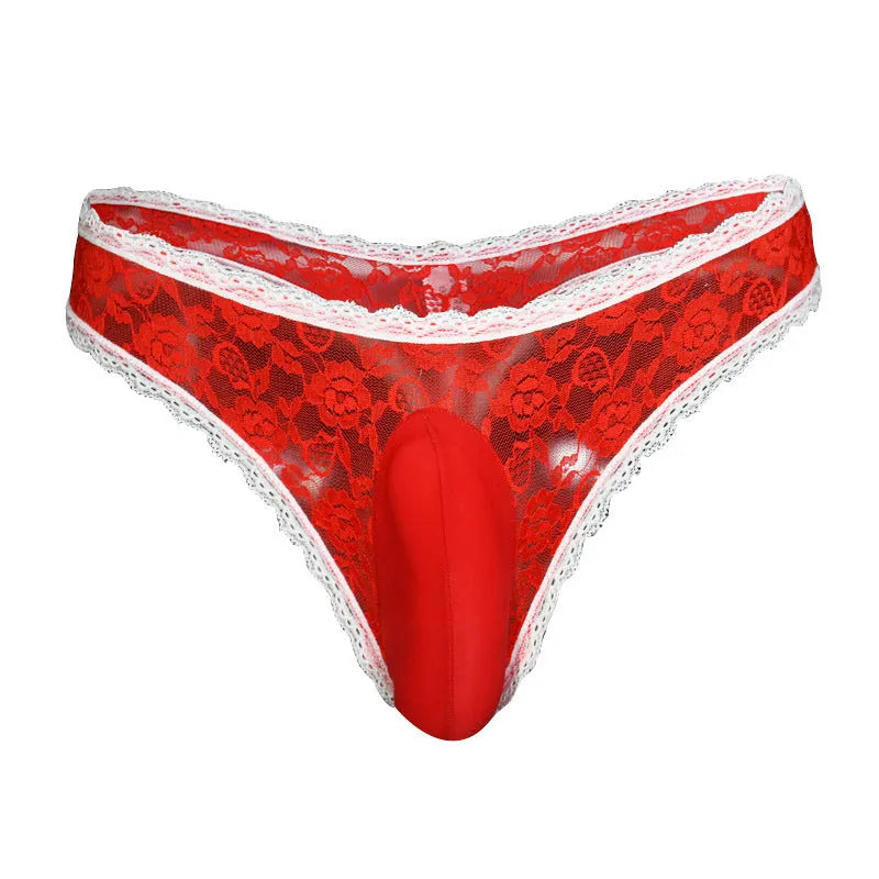 Men's black lace briefs with a vertical pouch design and low waist.