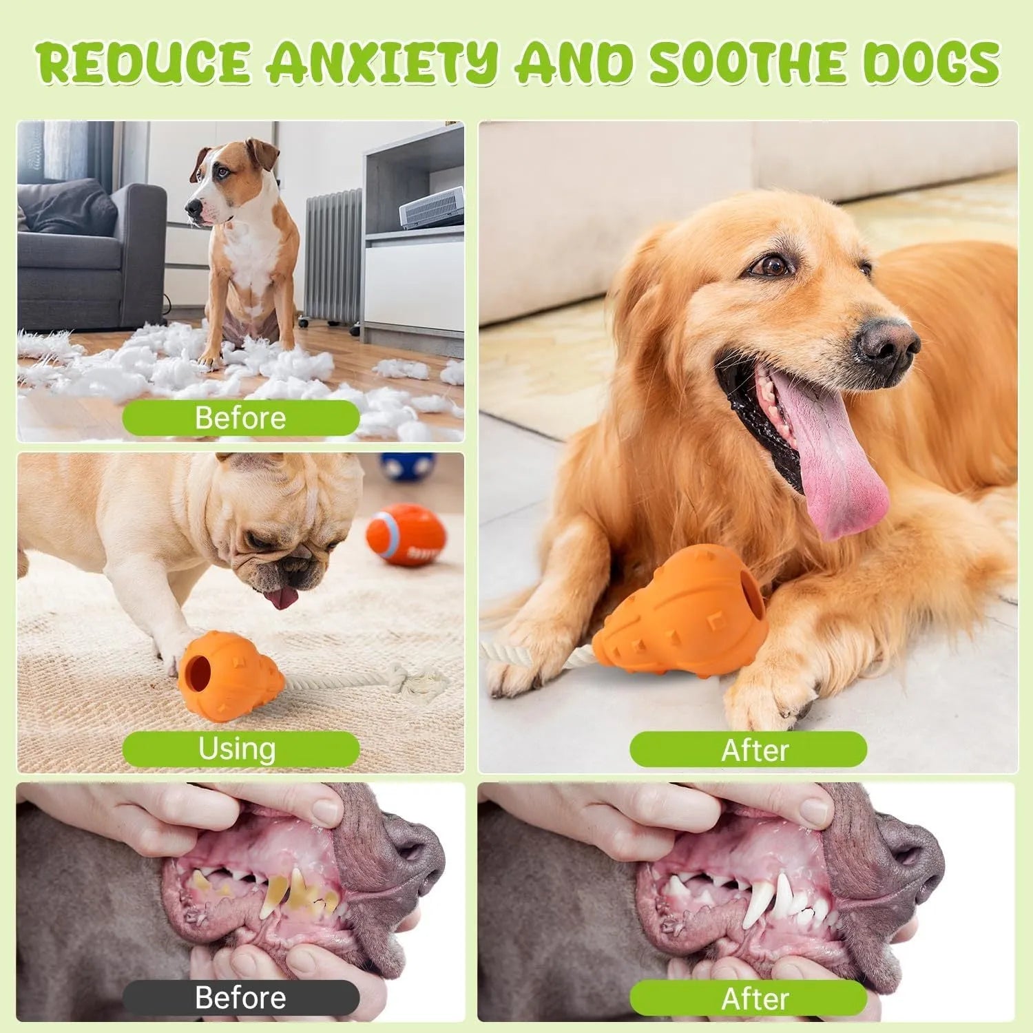 Natural rubber stuffable dog toy with a long strap for small to medium breed dogs.