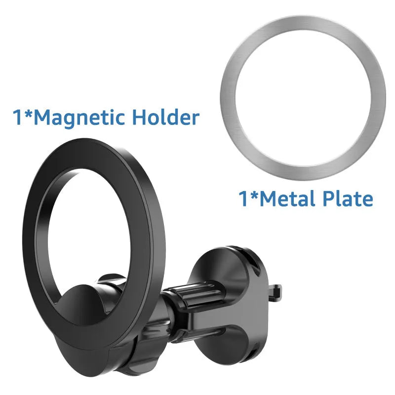 Black magnetic car phone holder with O-ring bracket attached to vehicle air vent holding smartphone