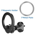 Black magnetic car phone holder with O-ring bracket attached to vehicle air vent holding smartphone