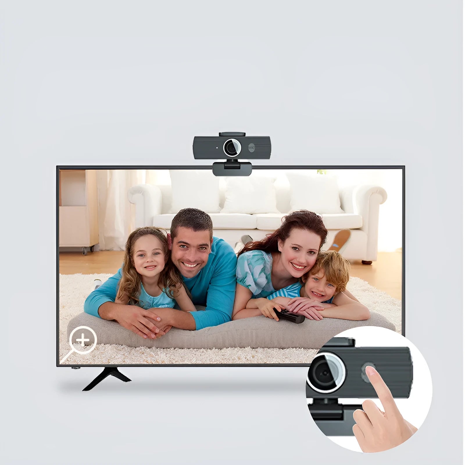 Black USB webcam with magnetic privacy cover shown alongside 1.7 metre cable for video conferencing