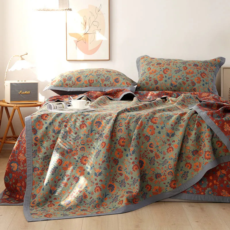 Cotton gauze bed blanket set with plant and flower pattern including blanket and two pillowcases