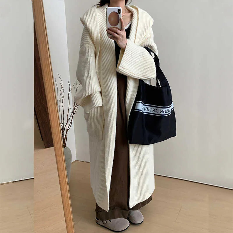 Women's loose acrylic hooded cardigan coat with raglan sleeves in milky white colour