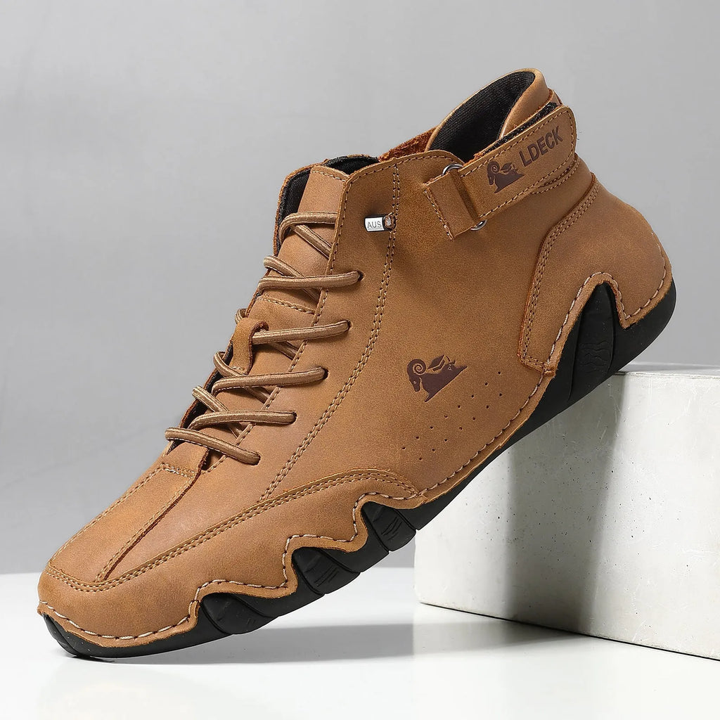 Men's khaki high-top octopus casual shoes with a microfiber upper and rubber sole.