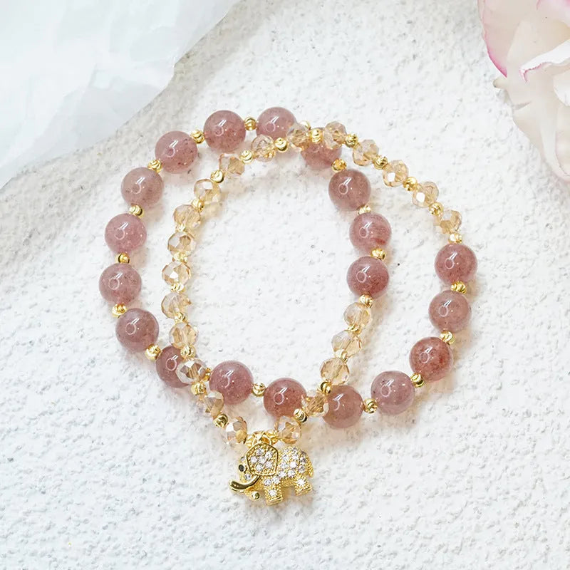 Retro women's bracelet with colour hair crystal and strawberry quartz beads in ethnic style