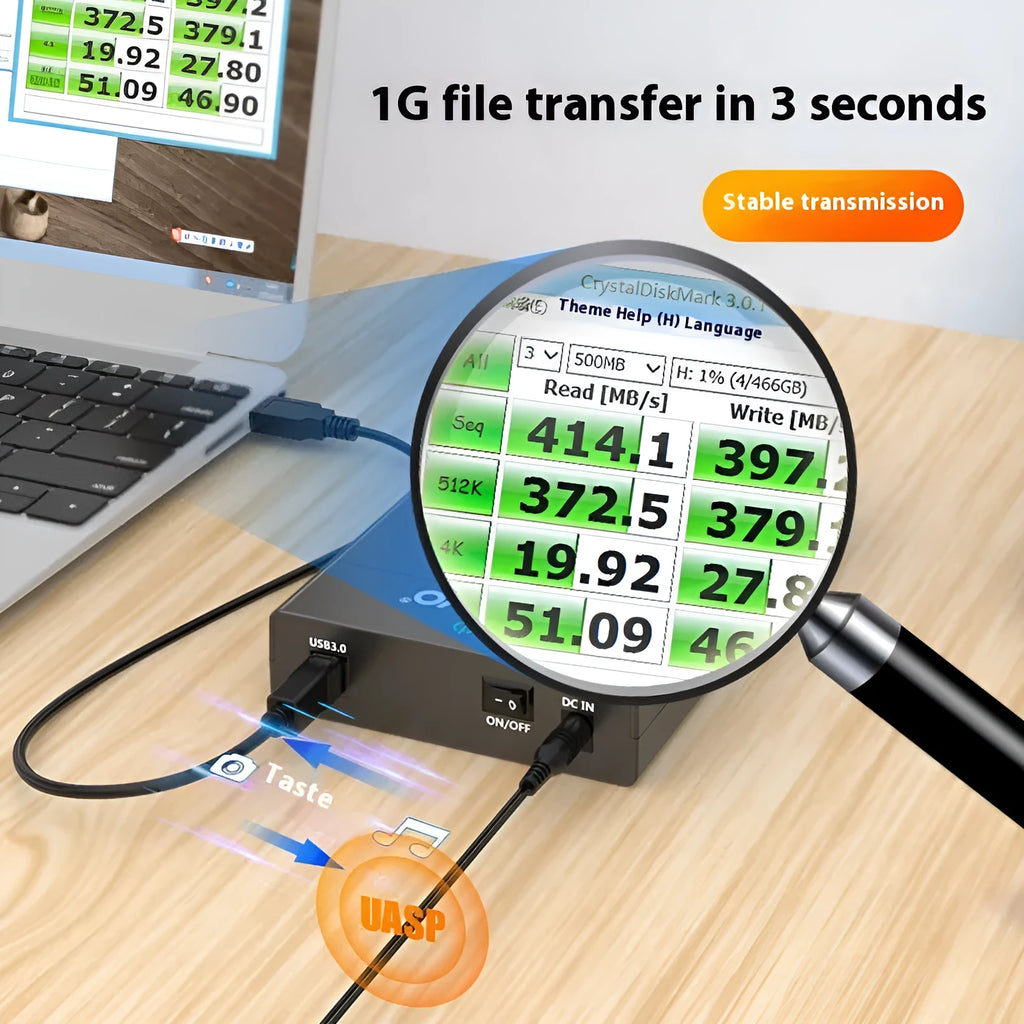3.5 inch SATA to USB 3.0 hard disk enclosure in black and silver colour with power supply and data cable.