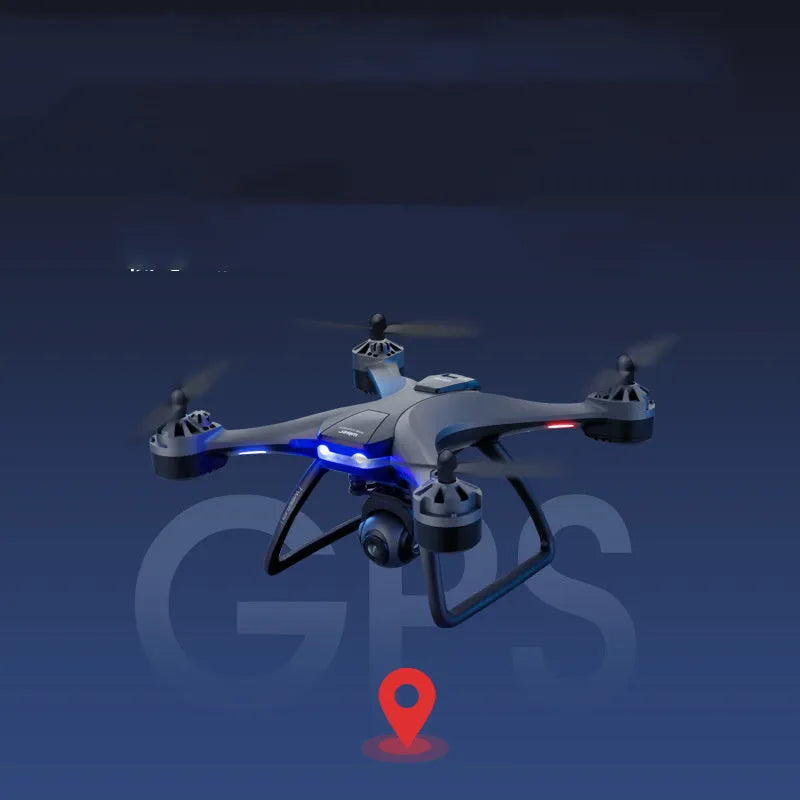 Black quadrocopter drone with four rotors, GPS module, dual cameras, and a 6-channel handheld remote controller.