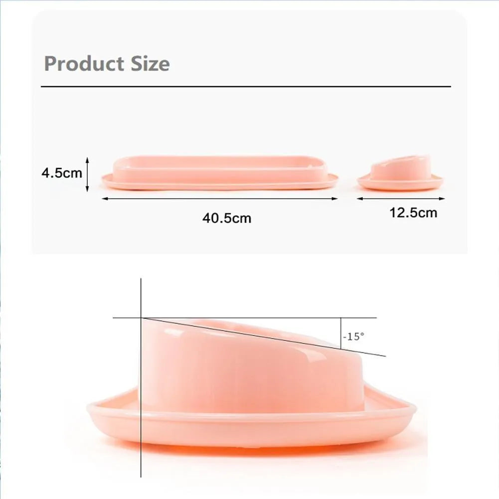 Set of four raised plastic pet bowls in green, pink and yellow colours with spill guard rims