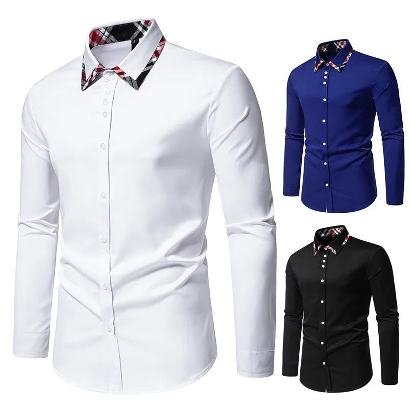Men's long sleeve plaid shirt with triangle collar in blue, black, or white colour options.