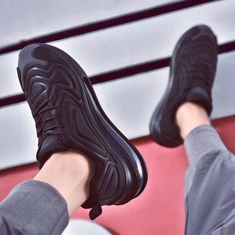 Men's black lace-up sneakers with air cushion technology and thick sole for running