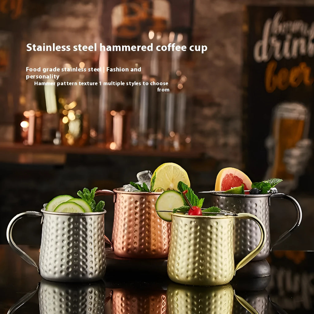 Stainless steel Moscow Mule copper mug with glass interior in silver, gold, rose gold, or black.