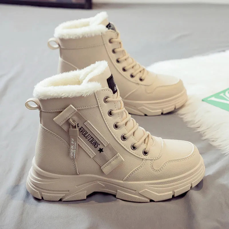 Women's tall black plus size snow boots with lace-up front and fleece lining on a white background