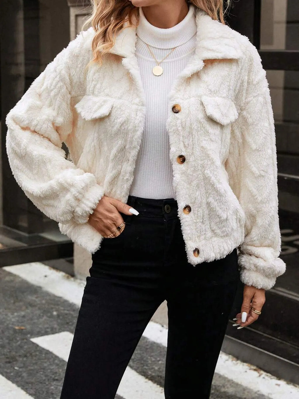 Women's ivory white button cardigan coat with double-sided plush fabric and long sleeves.