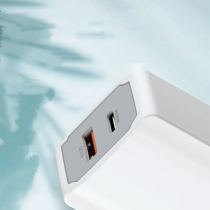White USB fast charger set with European standard cable and compact charging head