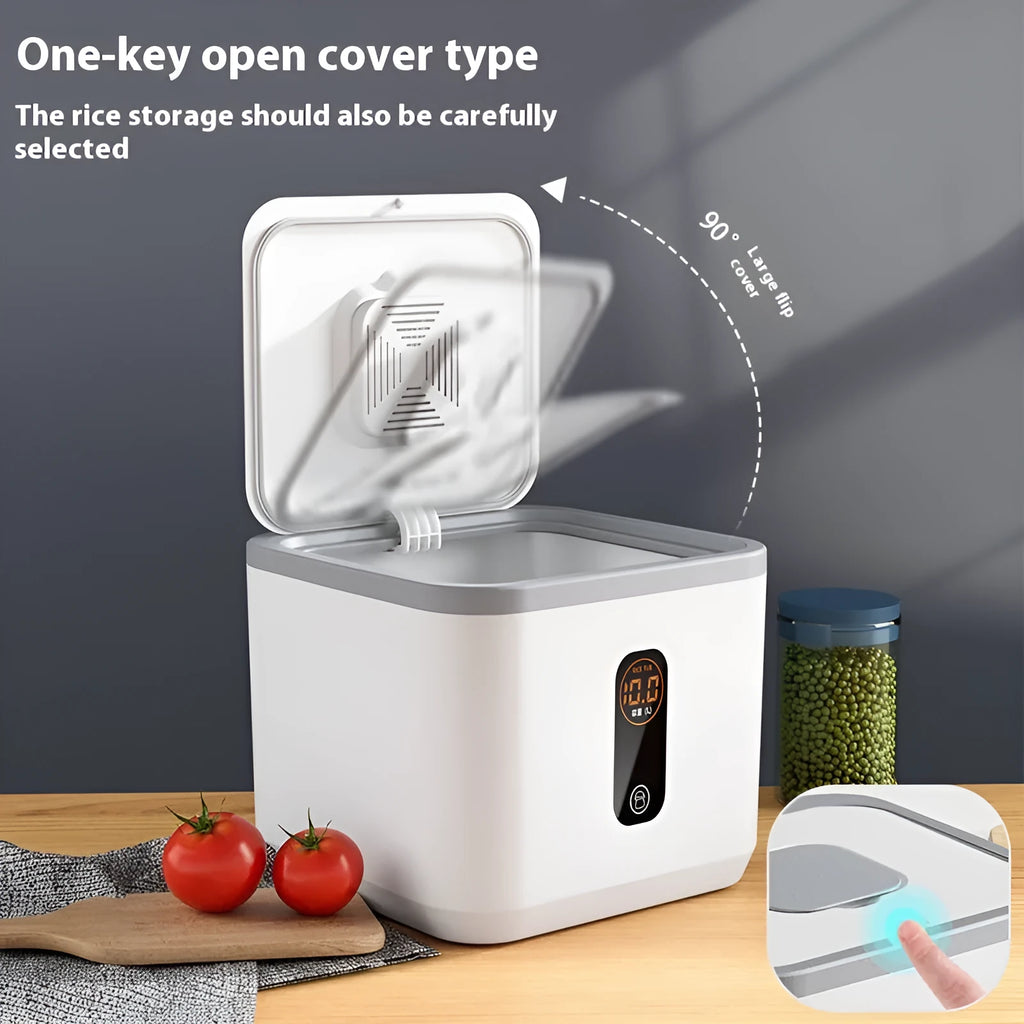 Grey plastic airtight rice storage jar with a lid and a free measuring cup on a kitchen counter.