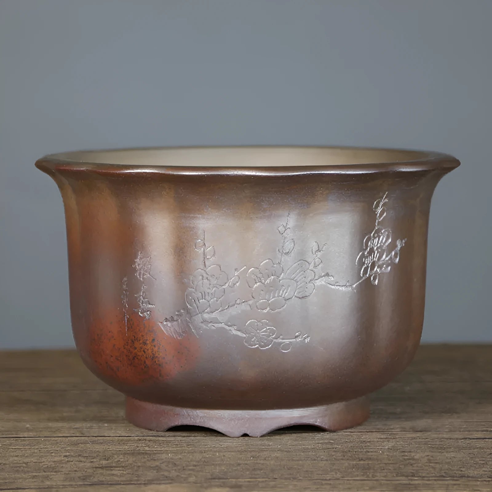 Purple sand ceramic flower pot with antique carved floral design for bonsai display