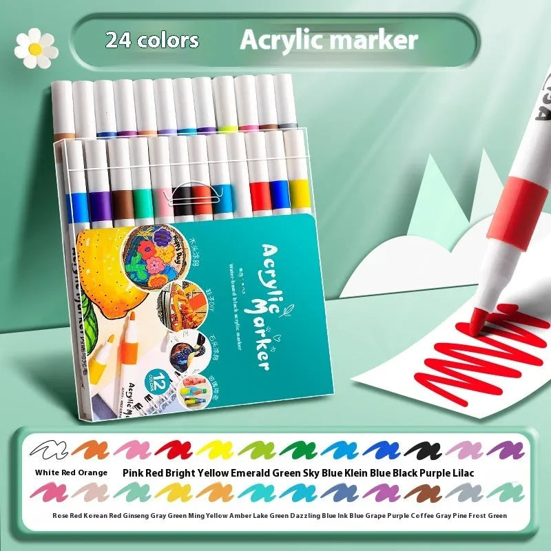 Set of multicoloured acrylic marker pens in a box, suitable for student painting and crafts.