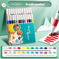 Set of multicoloured acrylic marker pens in a box, suitable for student painting and crafts.